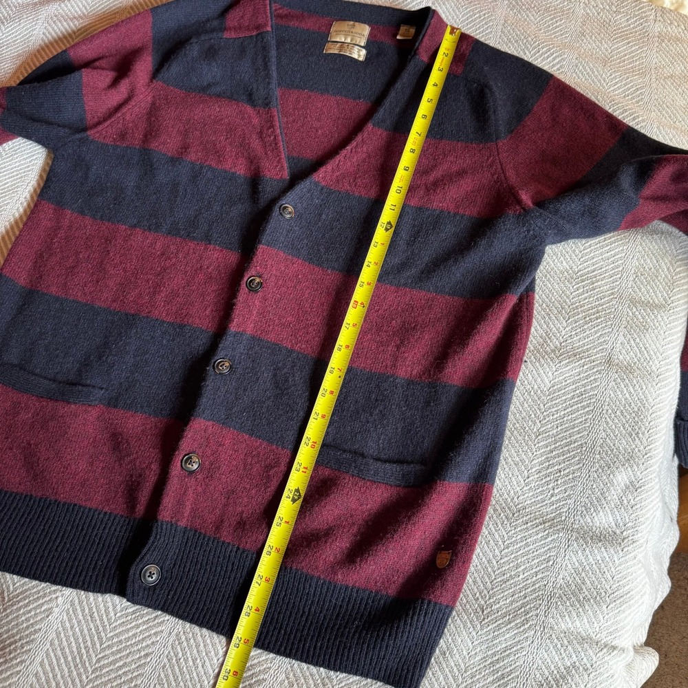 Scotch & Soda Mens XXL Wool Cardigan Striped Leather Elbow Patches Burgundy Navy - Picture 11 of 11